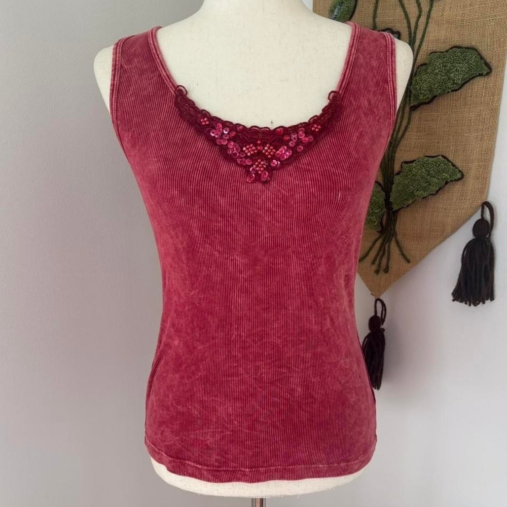 Y2K Distressed Embroidered Red Tank